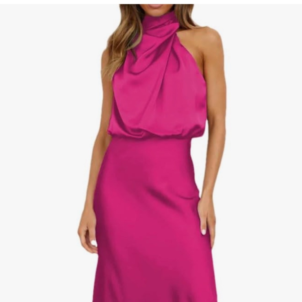 Fuchsia Satin Halter Neck Midi Dress – Size 10